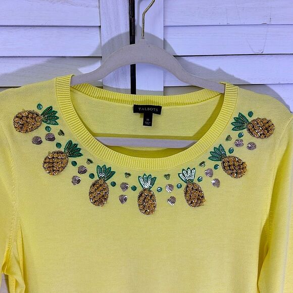 Talbots Sweater Size Medium Yellow Pineapple Hand Beaded NWOT - Picture 5 of 10